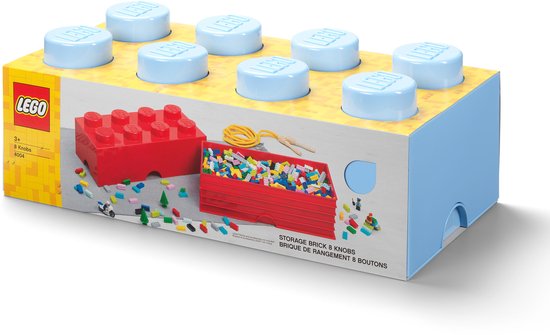 Emballage de brique de rangement LEGO 8 tenons, avec une boîte de rangement rouge contenant des blocs Lego et une corde à sauter.