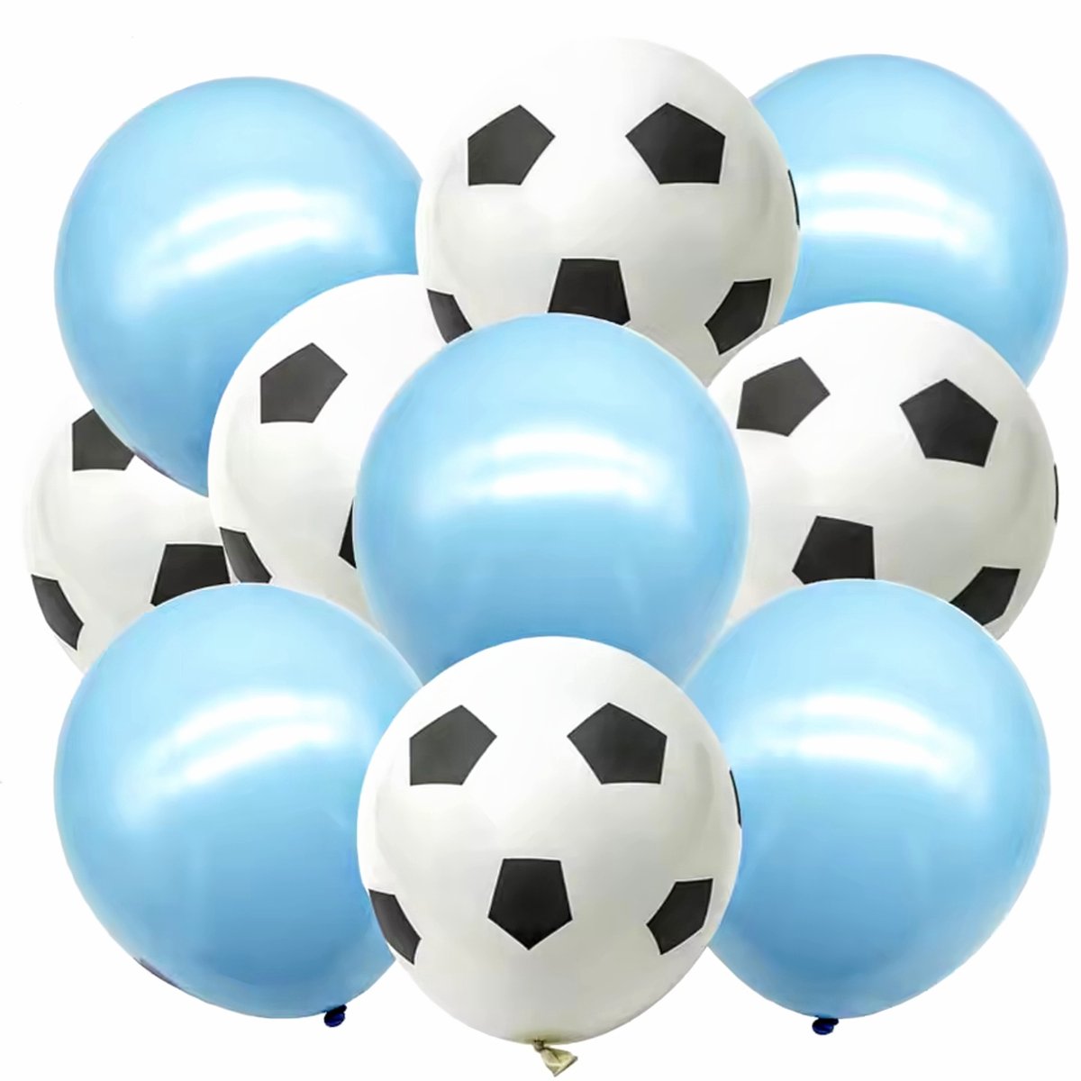 Voetbal ballonnen set zwart met wit en licht blauw 10-delig - voetbal - ballon - decoratie - blauw - sport