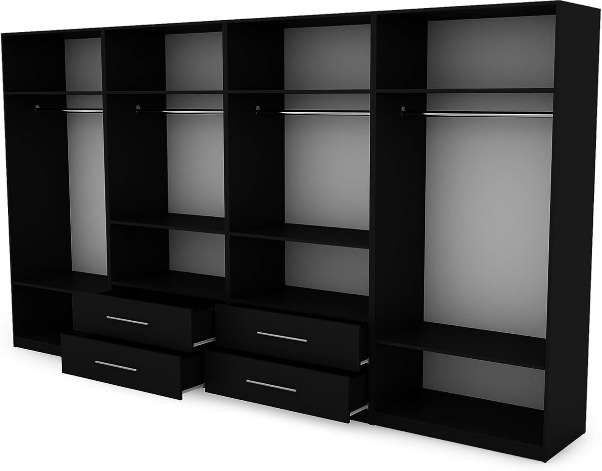 Kledingkast 400 x 220 cm – Ruime Slaapkamerkast met Planken, Laden en Kledingstang, Zwart/Artisan Eiken – Praktische Garderobekast voor Kleding, Schoenen en Accessoires – Abkantoor