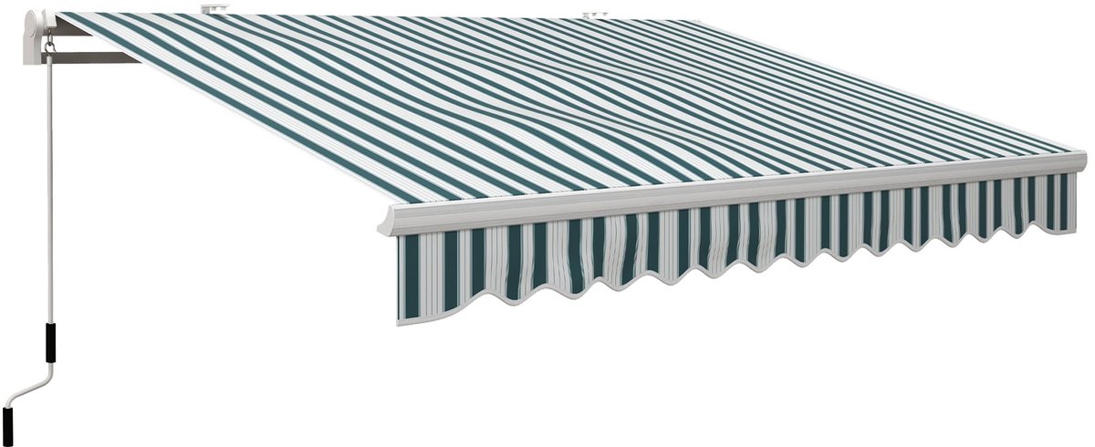 Merax Knikarm Markies 395x245 cm - Handbediening met 1,5 m Slinger - Aluminium Frame - UV-bestendig Doek - Zonwering voor Balkon en Terras - Wit Groen Gestreept