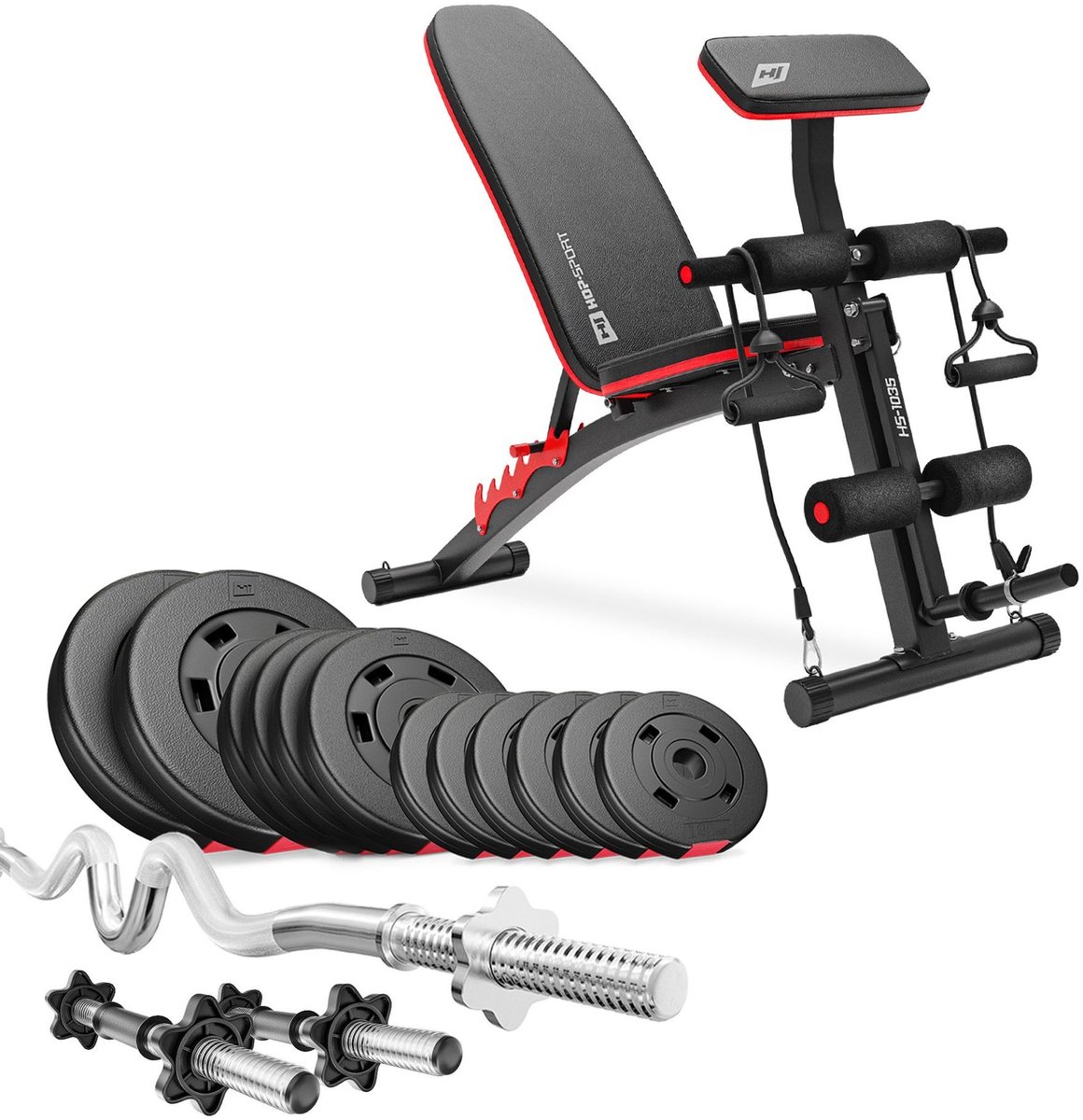 Hop Sport HS 1035 – Halterbank Set – Met Curlpult – 36 kg Halterset – Verstelbare Rugleuning 6 Standen – Inclusief SZ Stang 120 cm en 2 Korte Halters