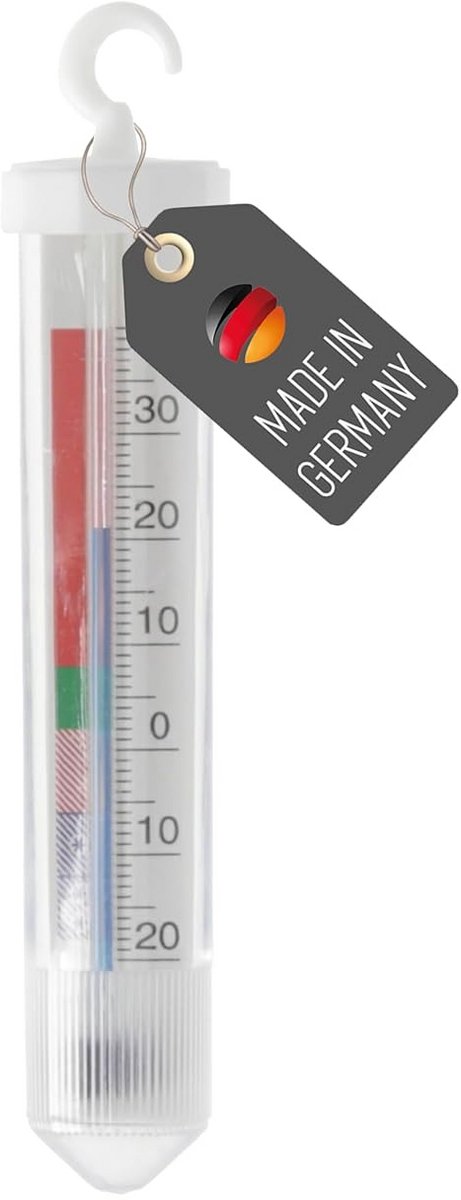 Koelkastthermometer rond met haak voor op te hangen - temperatuurbereik -20°C tot 40°C - kunststof - 12 cm x 2,3 cm - voor koelkast en vriezer - analoog
