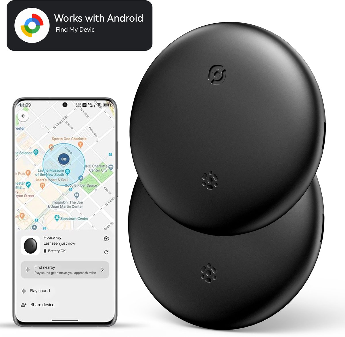 Sytifro GPS Tracker–Android / Google Find My Device - Android Tracker - Bluetooth Tracker - 2 Pack–Met geluid–Bluetooth Tracker–Sleutels, Fiets, Auto, Kat, Hond & Kind–Key Finder- Zwart