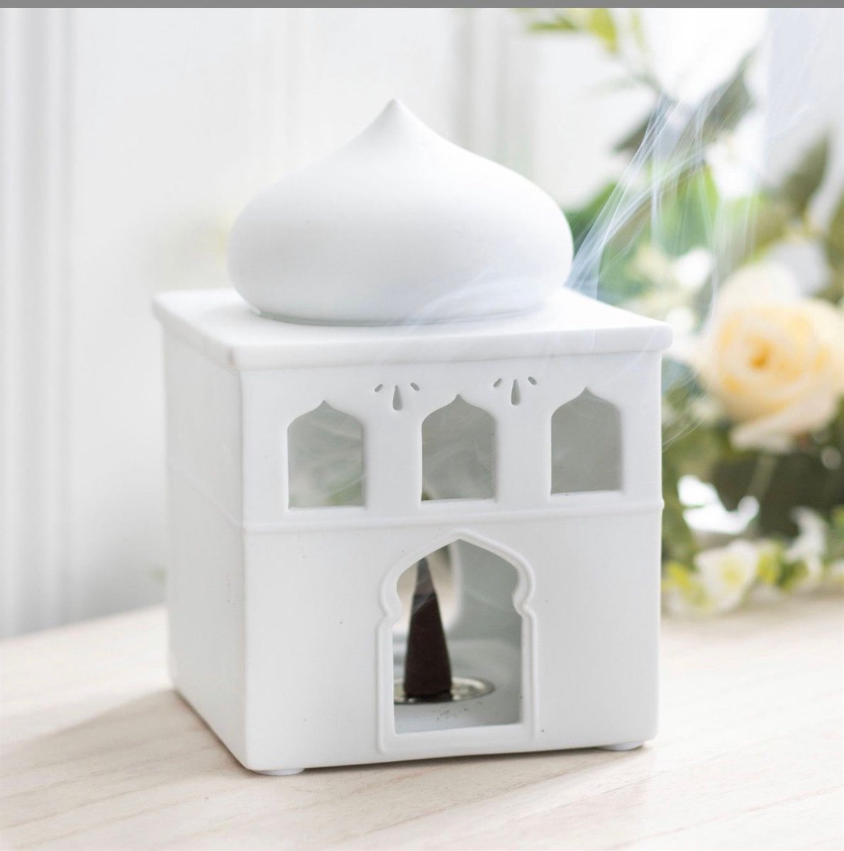 Keramische Aroma Brander Moskee Design - Wit - Waxmelter & Wierookhouder - Oosters Design met Koepel