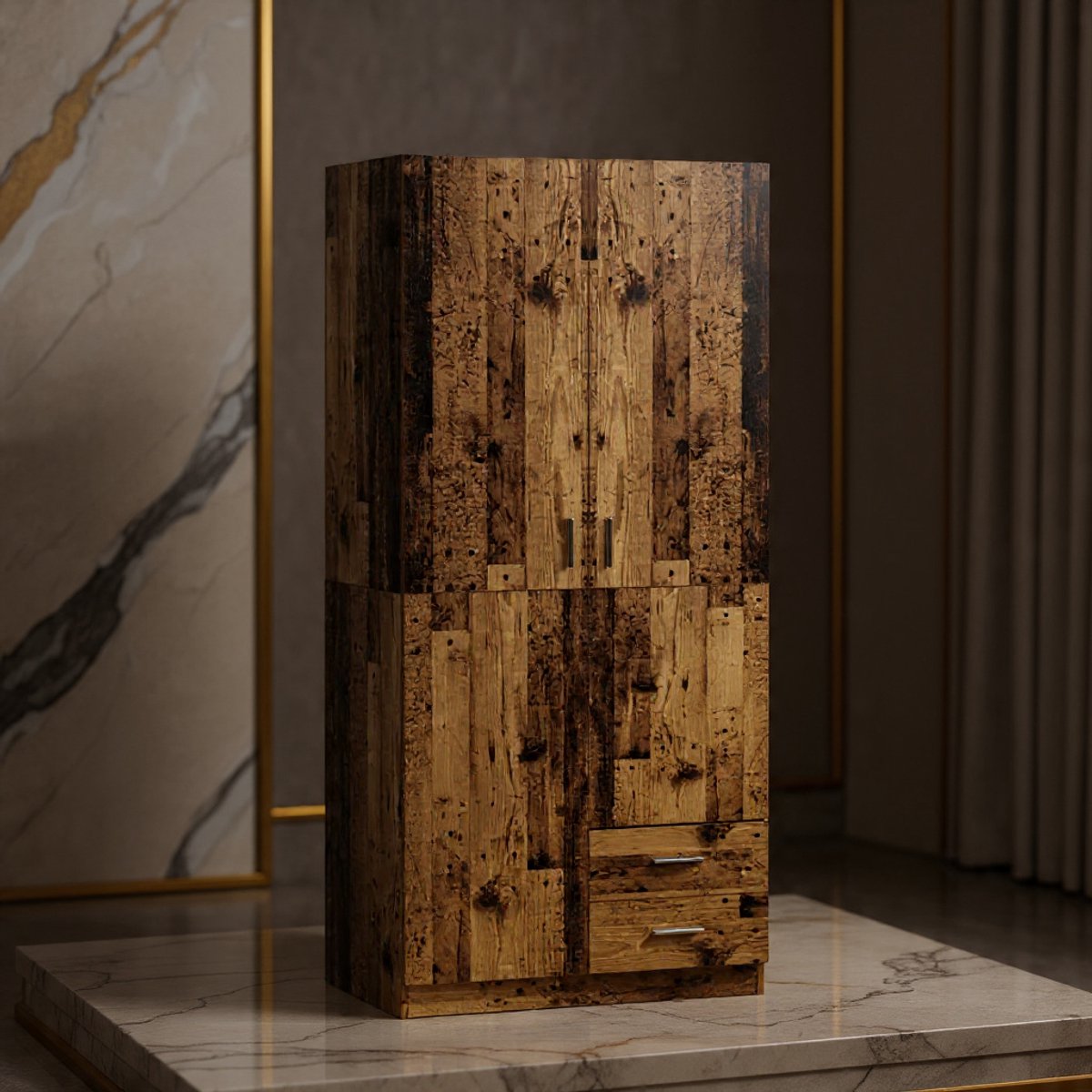 Luxe Kledingkast Oud Hout – 2 Laden, 4 Opbergvakken en Kledingstang – Ruime Slaapkamerkast / Garderobekast – Duurzaam Houten Materiaal 80x52x180 cm - House&Garden