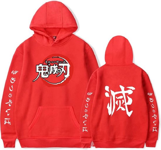 Rode hoodie met Demon Slayer logo op de borst, Japans schrift op de rug en mouwen.