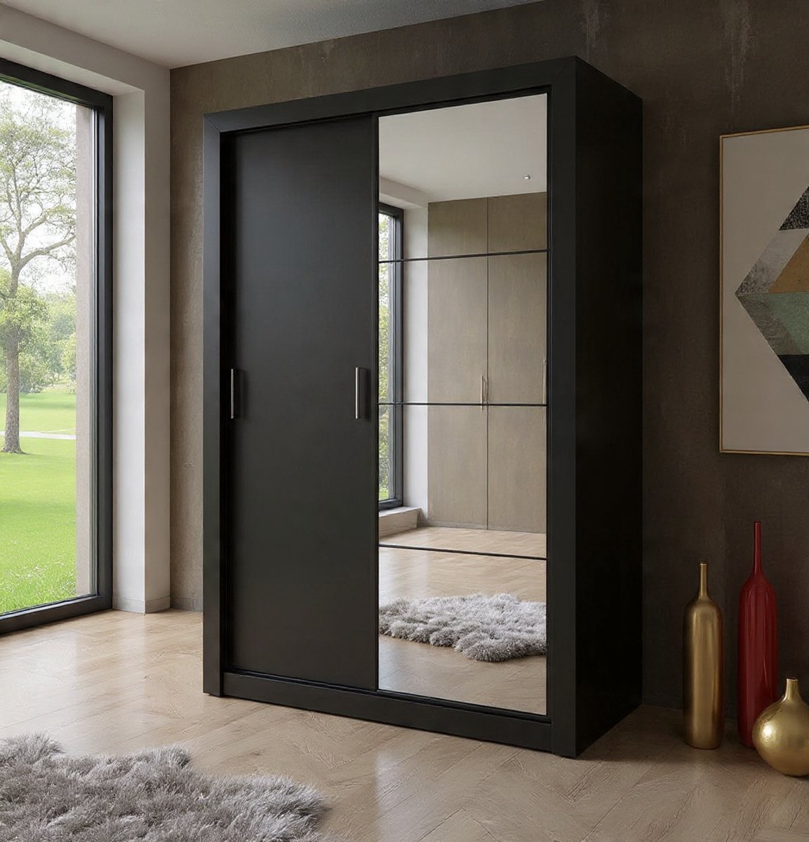 Aurora Luxe Zweefdeurkast 150 cm Mat Zwart met Spiegel – Moderne Schuifdeurkast – Kledingkast met 2 Deuren – Garderobekast 150x215x60 cm - House&Garden