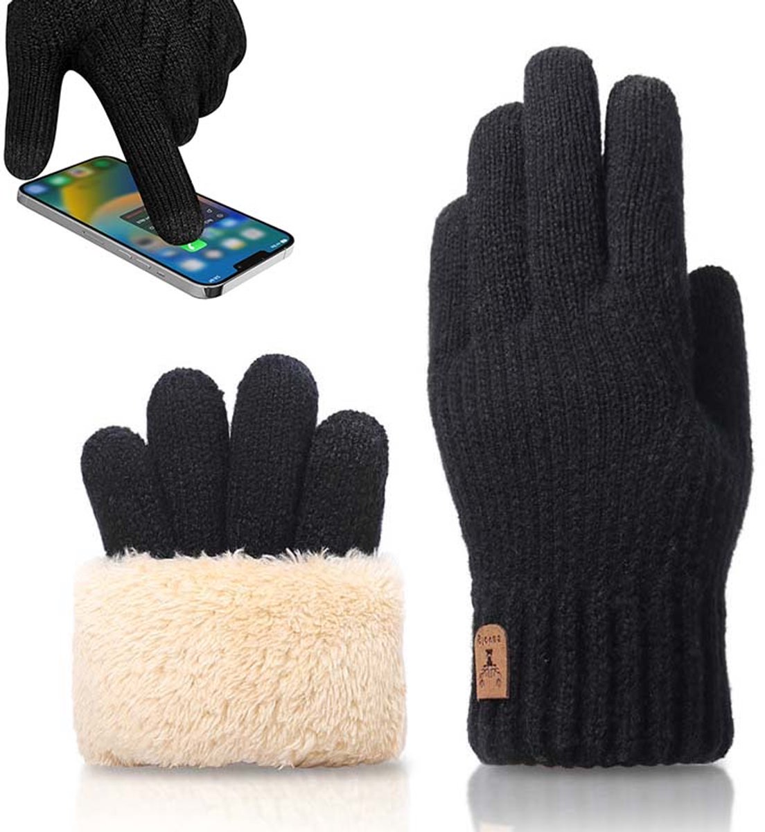 Mannen Winterhandschoenen Dames Warm Gebreide Touchscreen Handschoenen Met Plush Voering Geschikt Voor Hardlopen En Skiën Zwart
