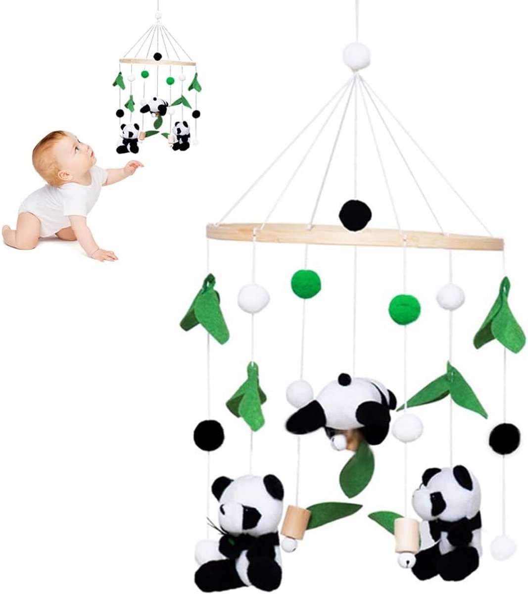 Houten Baby Mobiel met Panda - Roterend Wiegenmobiel voor Kinderkamer