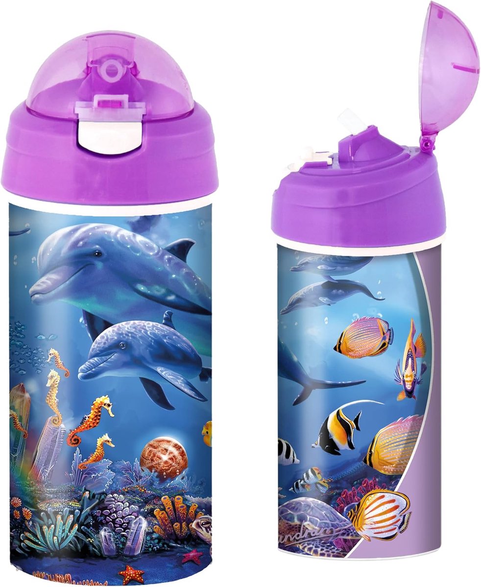 3D Drinkfles met Zeepaardjes - Lensvormige Waterfles 600ml met Rietje voor Kinderen