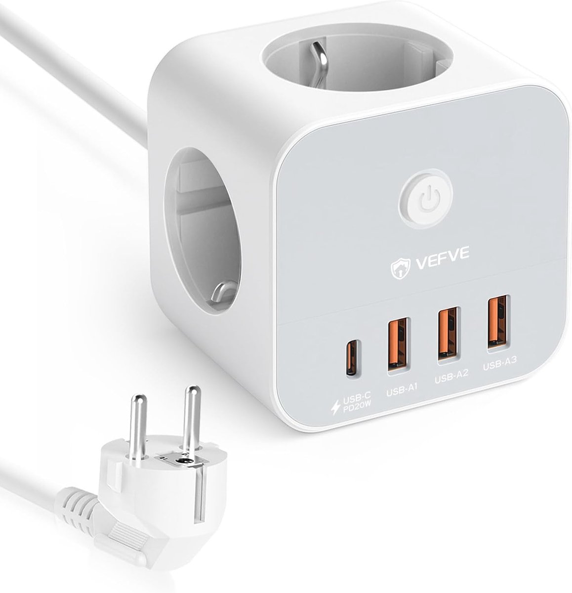 Stekkerblok Kubus 7-in-1 met 3 Stopcontacten en 4 USB Poorten, 20W USB-C, 5m Snoer en Schakelaar