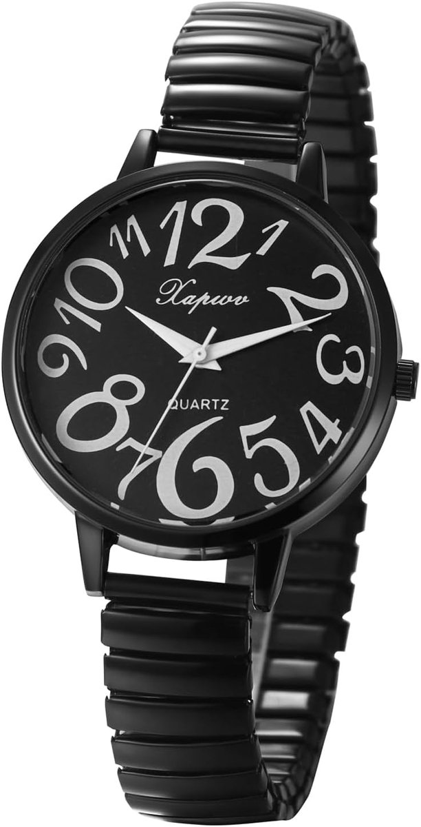 Dameshorloge Elastisch - Horloge Trekband - Makkelijk Afleesbaar - Grote Cijfers - 38 cm Wijzerplaat - Zwart