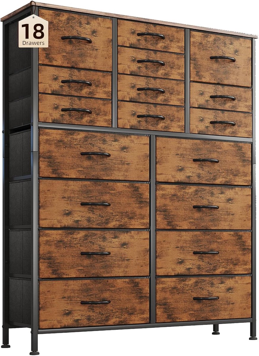 Hoge Opbergkast - Ladekast Commode - Slaapkamer Organisatie - 18 Stoffen Laden - 96 x 30 x