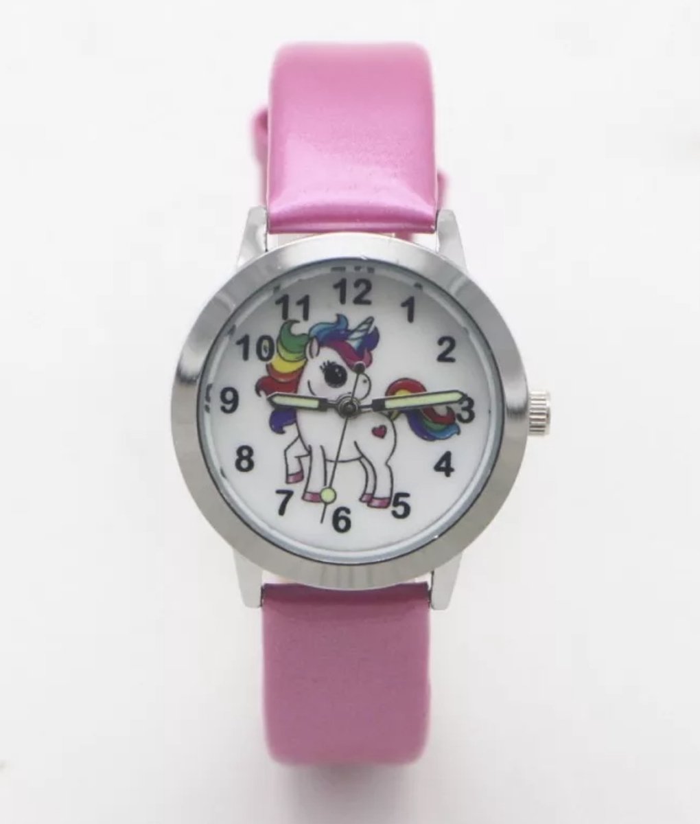 12Getit Kinderhorloge met een vrolijke Paarden afbeelding en roze leer bandje