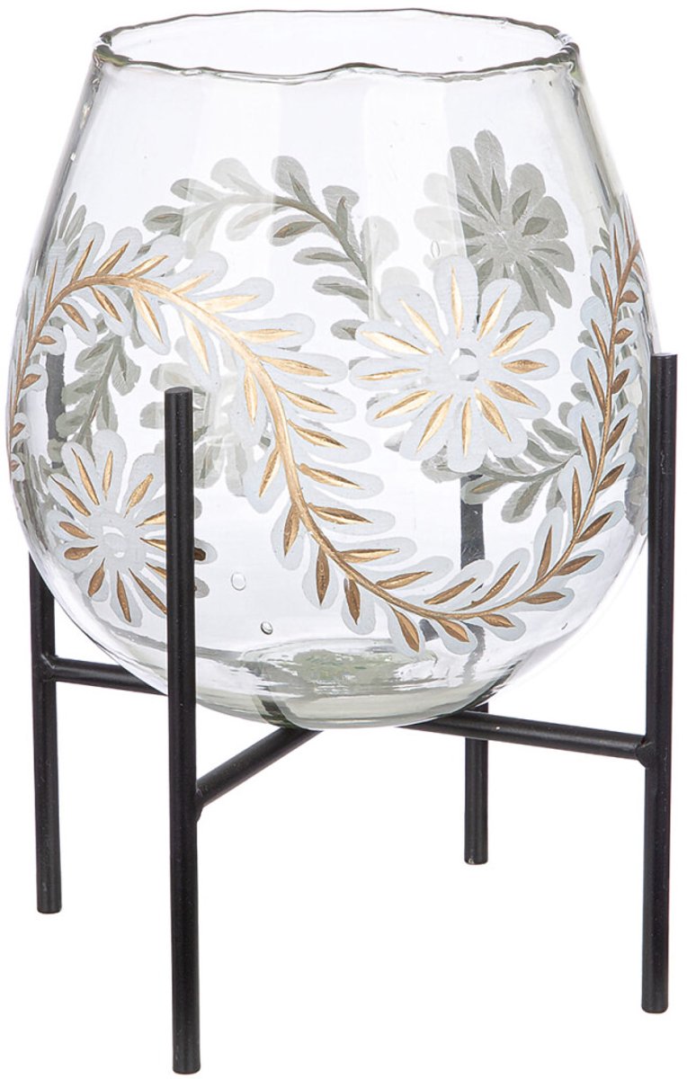 Vergulde lantaarn windlicht , bloemenveld , bloemmotief, glas, transparant, H. 29 cm, D. 14 cm in standaard