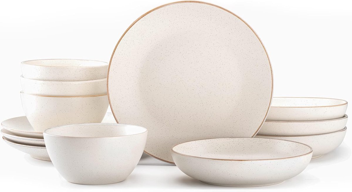 12-delige Servies Set voor 4 Personen - Handgemaakt SteenServies, Borden en Borden Set, Magnetron & Vaatwasserbestendig