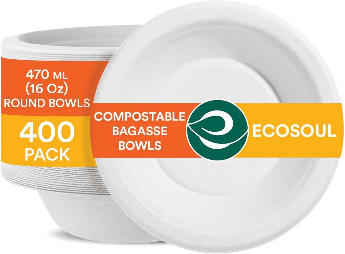 400x Biologisch Afbreekbare Wegwerpschalen van Bagasse | 400ml (16 oz) | Composteerbaar & PFAS-vrij