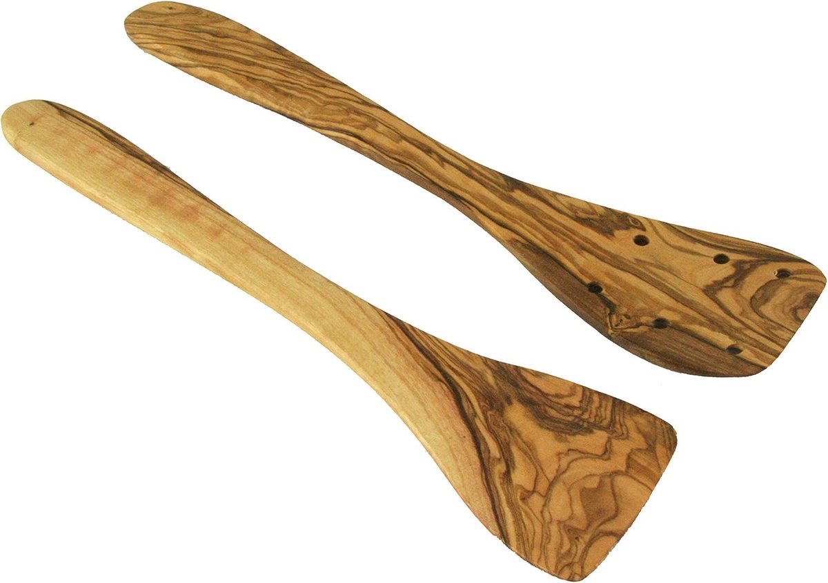 Set van 2 Olijfhouten Spatels 30 cm - Glad en Geperforeerd