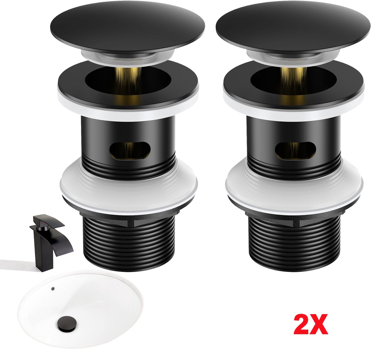 Auralum Max - 2 stuks - universele afvoerset met overloop - Ø 66mm - pop-up ventiel - messing afvoerventiel - wastafelstop - voor wastafel en waskom - Zwart