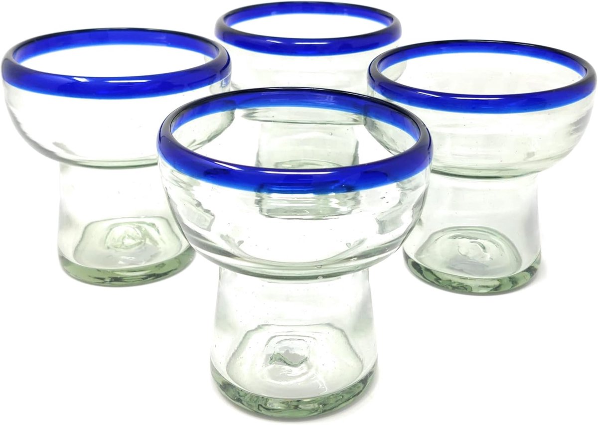 Set van 4 Handgeblazen Stemless Margarita Glazen met Blauwe Rand 420 ml
