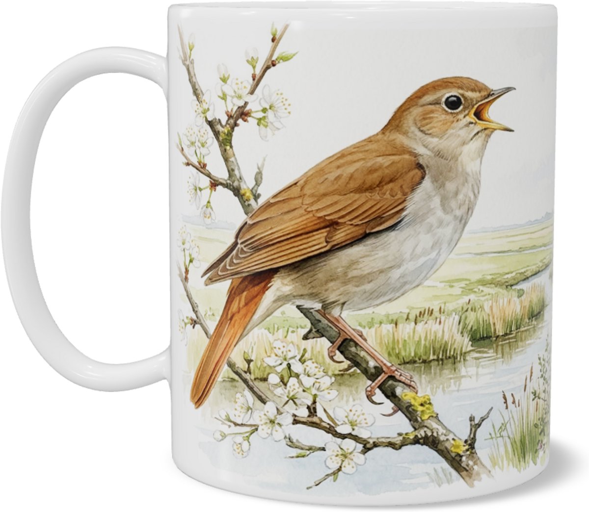 Nachtegaal Mok Zangvogel in Bloeiende Meidoorn - "Aquarel Series" Cadeau voor haar: Vrouw, Vriendin of Collega - Koffiebeker met Hollands Polderlandschap & Molen - Natuur Serie Decoratie - Cadeau-idee voor Vogelspotters & Natuurliefhebbers