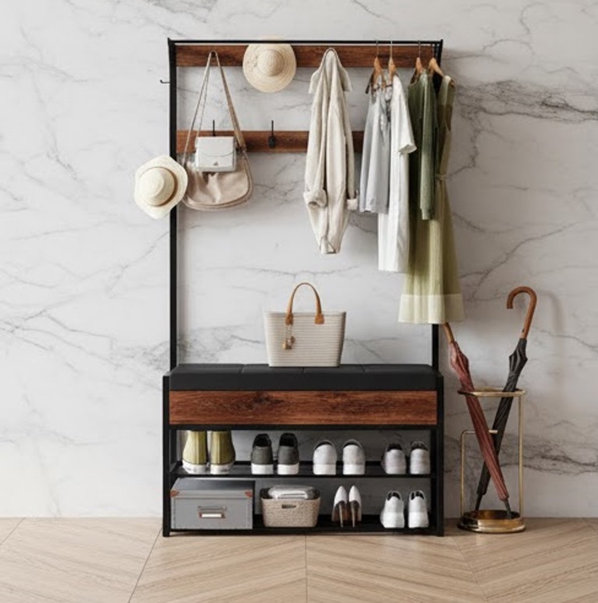 Urban Loft kledingkastset met Zitbank en Schoenenrek – Industriële Kapstok met 12 haken en Opbergruimte – 175 x 30 x 100 cm – Donkerbruin/Zwart - Casa Serena – Casa Dorada