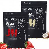 Twee zwarte verpakkingen JHUST Wax Beans met rode en witte bonen, aardbeien en kokosnoot.
