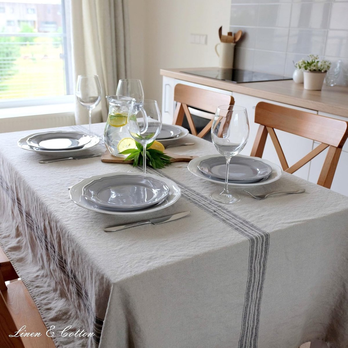 Rustiek Tafelkleed 100% Linnen Beige/Rood Landelijk Provence Stijl (136x250 cm)