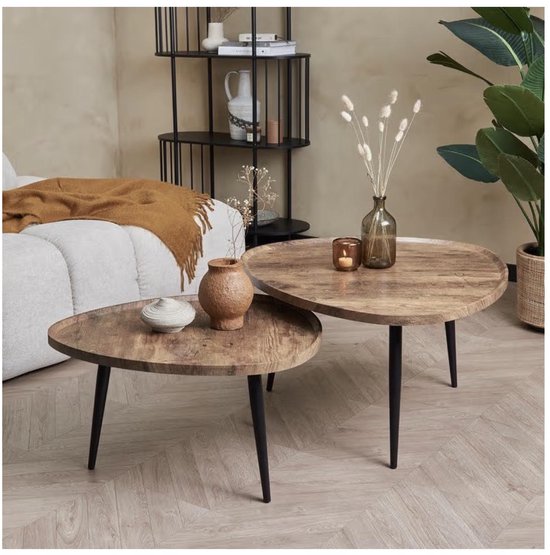 Ensemble de tables basses Japandi forme organique – set de 2 / 88 x 75 x 44 cm / 68 x 60 x 39 cm