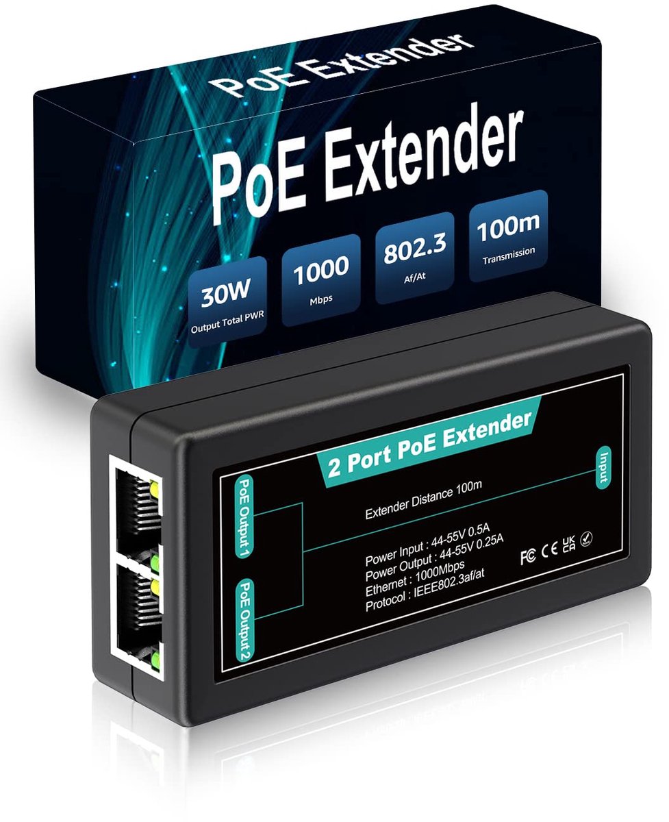 Gigabit PoE Extender 1 naar 2 Poorten, 100 Meter Repeater voor IP Camera of Telefoon
