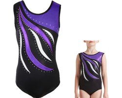 Meisjes turnpakje - Turnpakje mouwloos - 9-10 jaar - Paars met Kristallen steentjes - LOUZIR