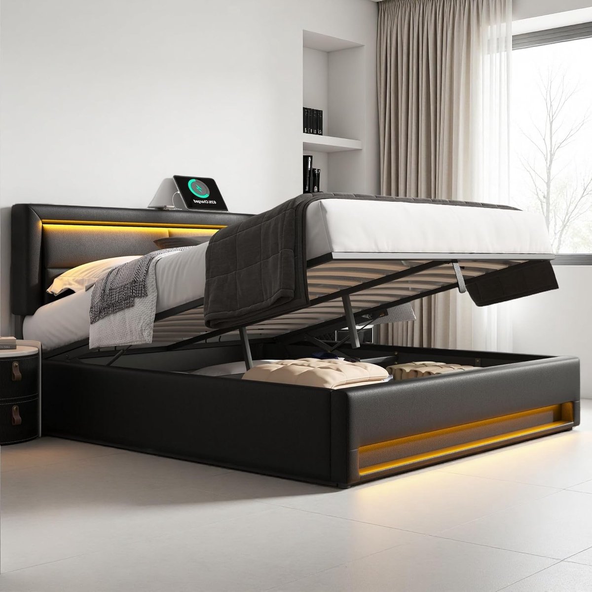 Tweepersoonsbed - Bedframe met opbergruimte - Slaapkamer organiseren - Geïntegreerde LED e