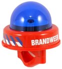 Rode fietsbel met blauwe zwaailichtkoepel, met de tekst BRANDWEER.