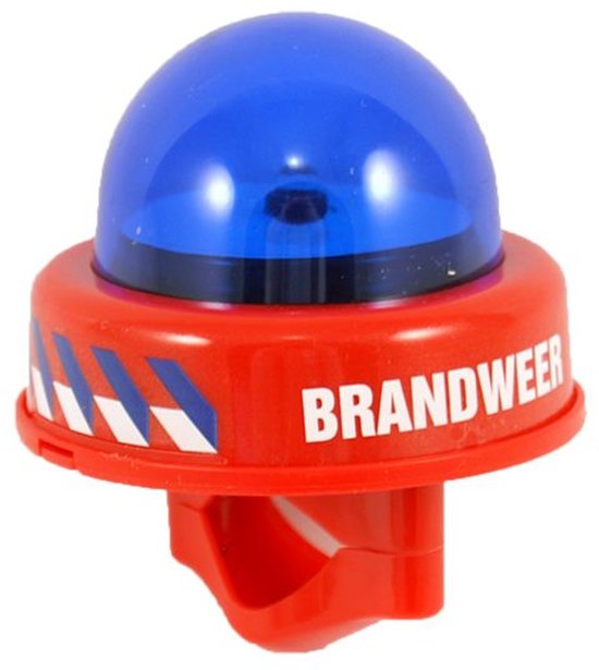 Rode fietsbel met blauwe zwaailichtkoepel, met de tekst BRANDWEER.
