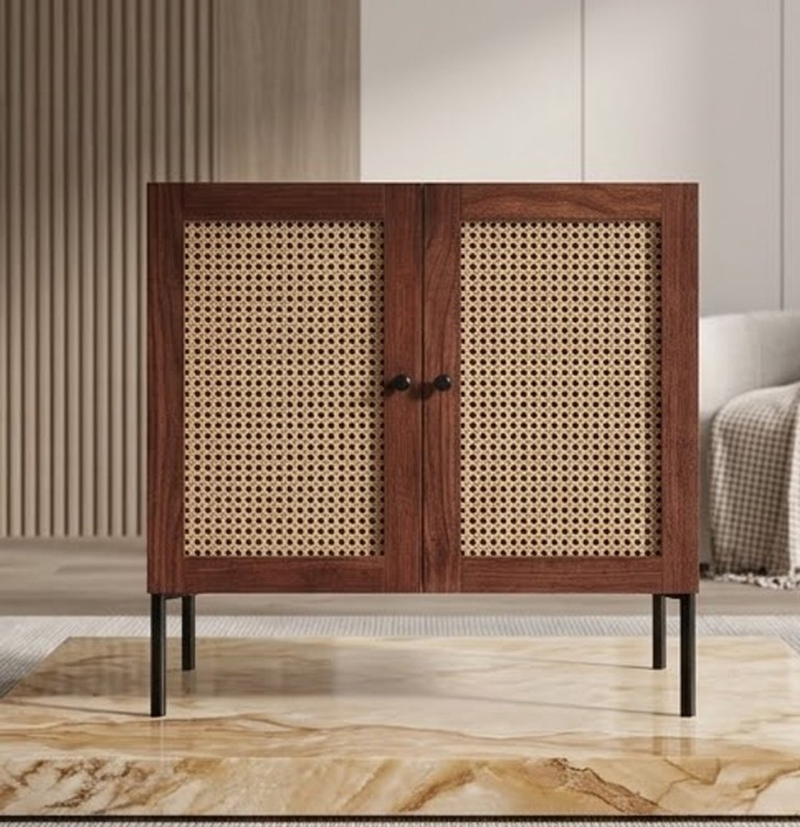 GIANTEX Dressoir, Buffetkast, Keukenkast, Buffetkast met 2 deuren en verstelbare planken, Houten en rotan opbergkast, Bijzetkast 80 cm x 40 cm x 80 cm (Bruin) - Casa Serena – 80 cm – Casa Dorada