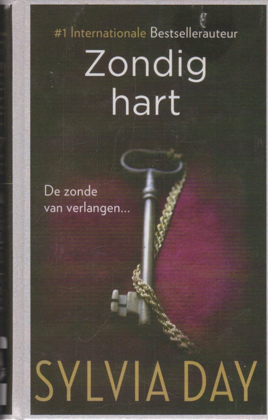 De cover van het boek Zondig hart van Sylvia Day. Een grote gouden sleutel met een ketting rust op een rood fluwelen doek.