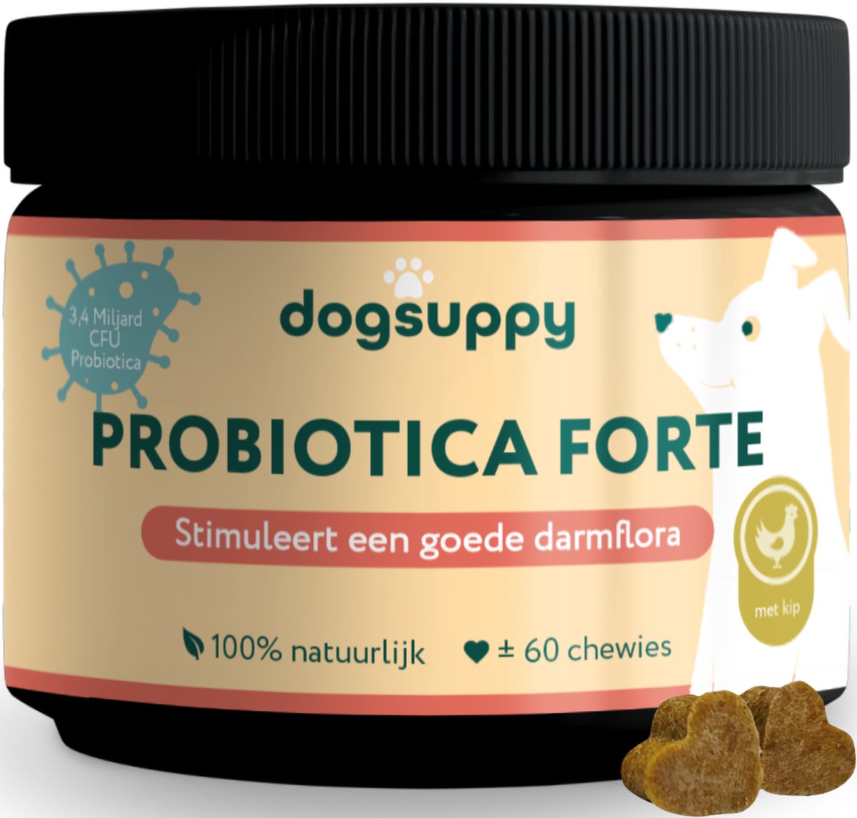 Bol.com Probiotica Forte - Met kip - 100% Natuurlijk - 60 heerlijke snoepjes - Ondersteunt Darmflora & Spijsvertering van je Hon... aanbieding