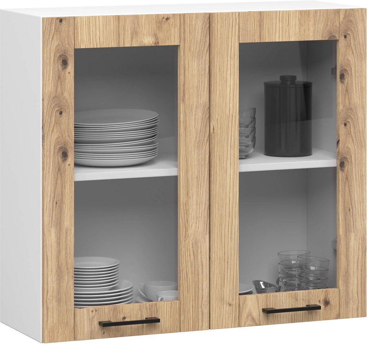 Glazen Hangkast - Keukenkast Bovenkast - Keuken Opbergen - Twee Glazen Deuren - 80 x 72 x 30.5cm - Wit