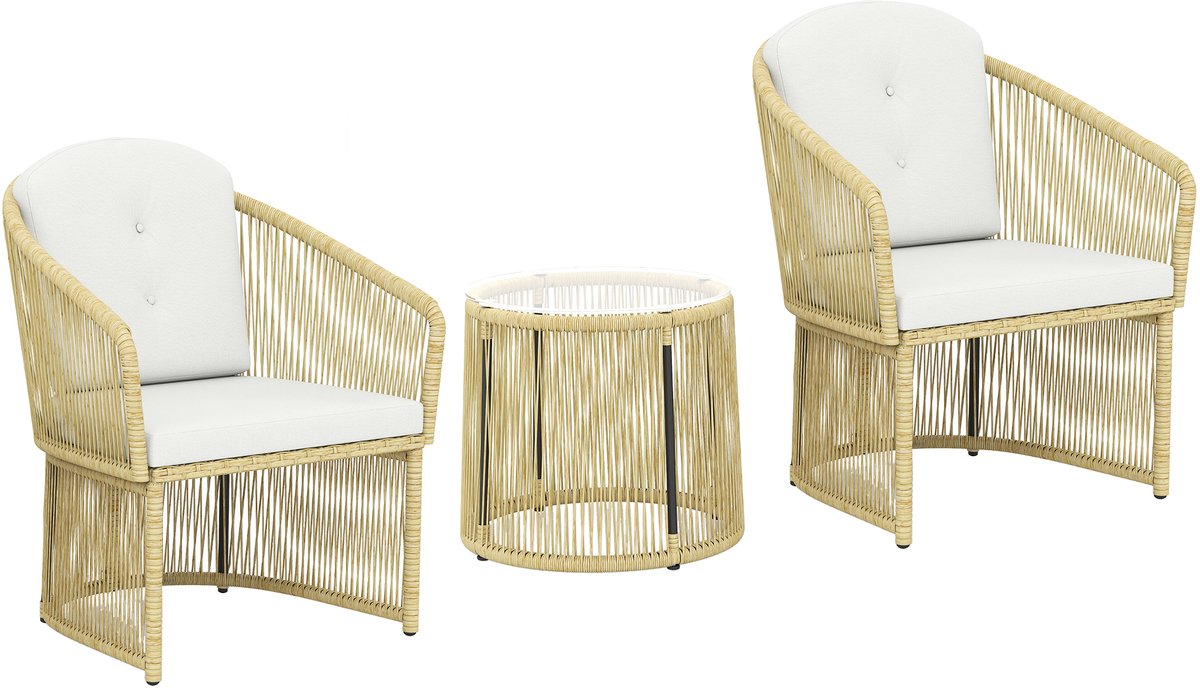 Balkonset 2 personen - Tuinset - Bistroset - Natuurlijk + Crèmewit - Weerbestendig - 3 delig - Tuintafel en 2 stoelen - 2 personen - Gecoat staal - Onderhoudsvrij staal