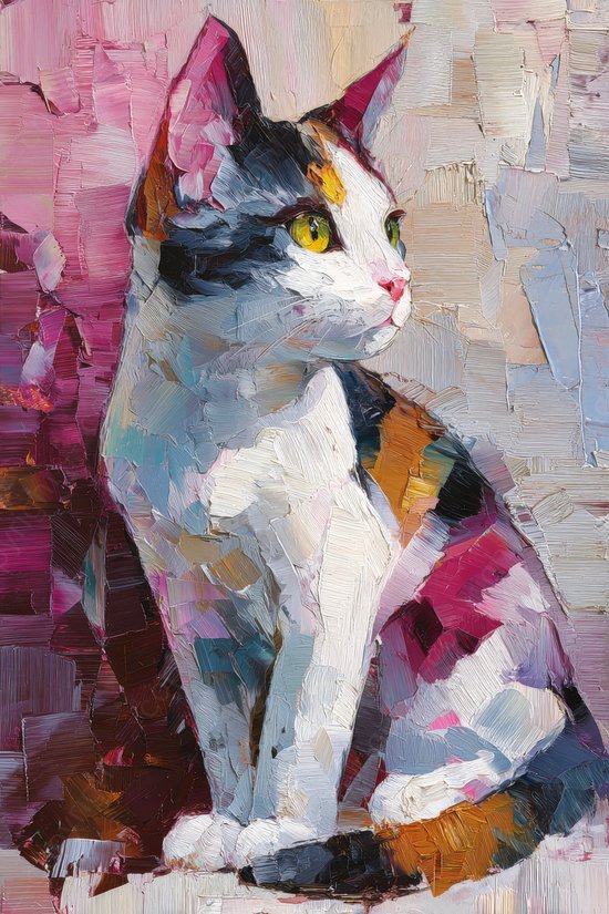 K&C Art (Canvas schilderij) 40x60cm | Kat - poes - dier - roze - paars - wit - zwart - grijs - blauw - oranje - geel - kunst | Woonkamer - slaapkamer - hal - kantoor | Foto schilderij print op canvas - wanddecoratie - muurdecoratie - wall art