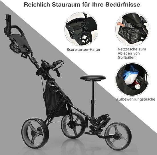 Opvouwbare Golftrolley met 3 Wielen, Zitje en Accessoires van Merkloos — afbeelding 3