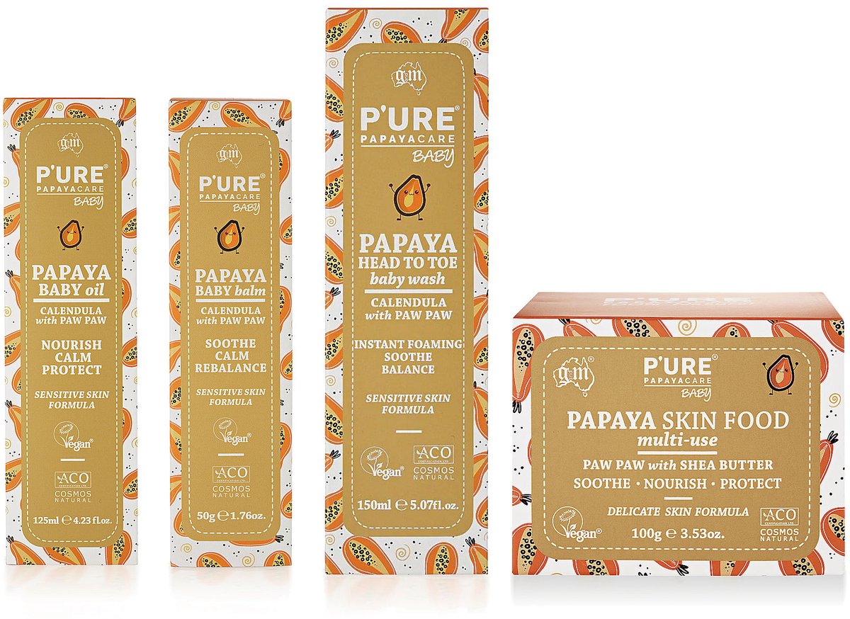P'ure Papaya Care - Papaya Baby Balm + Papaya Baby Olie + Papaya baby Head to Toe Wash + Papaya Baby Skin Food - 4 Pak - Voordeelverpakking