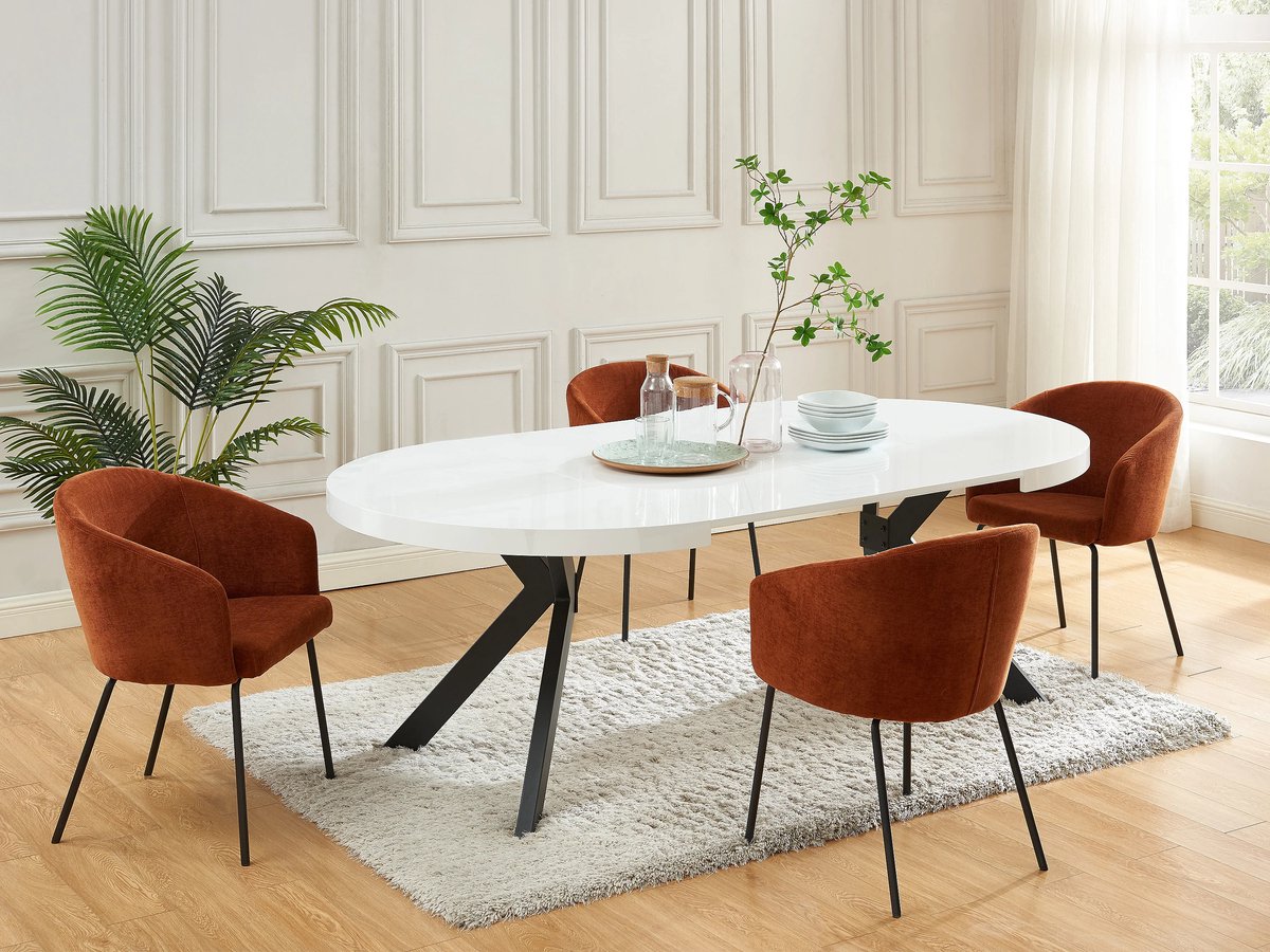 Uitschuifbare Ovale Eettafel 120–220 x 120 x 76 cm voor 4-8 Personen – MDF Tafelblad met Stalen Poten – Moderne Design Eettafel met 2 Verlengstukken – Wit/Zwart – Abkantoor KOMONI