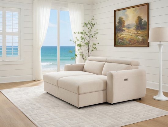 Canapé relax électrique Beralda – 3 places avec port USB et porte-gobelet – Assise profonde – 196x175 cm – Beige – Depauw