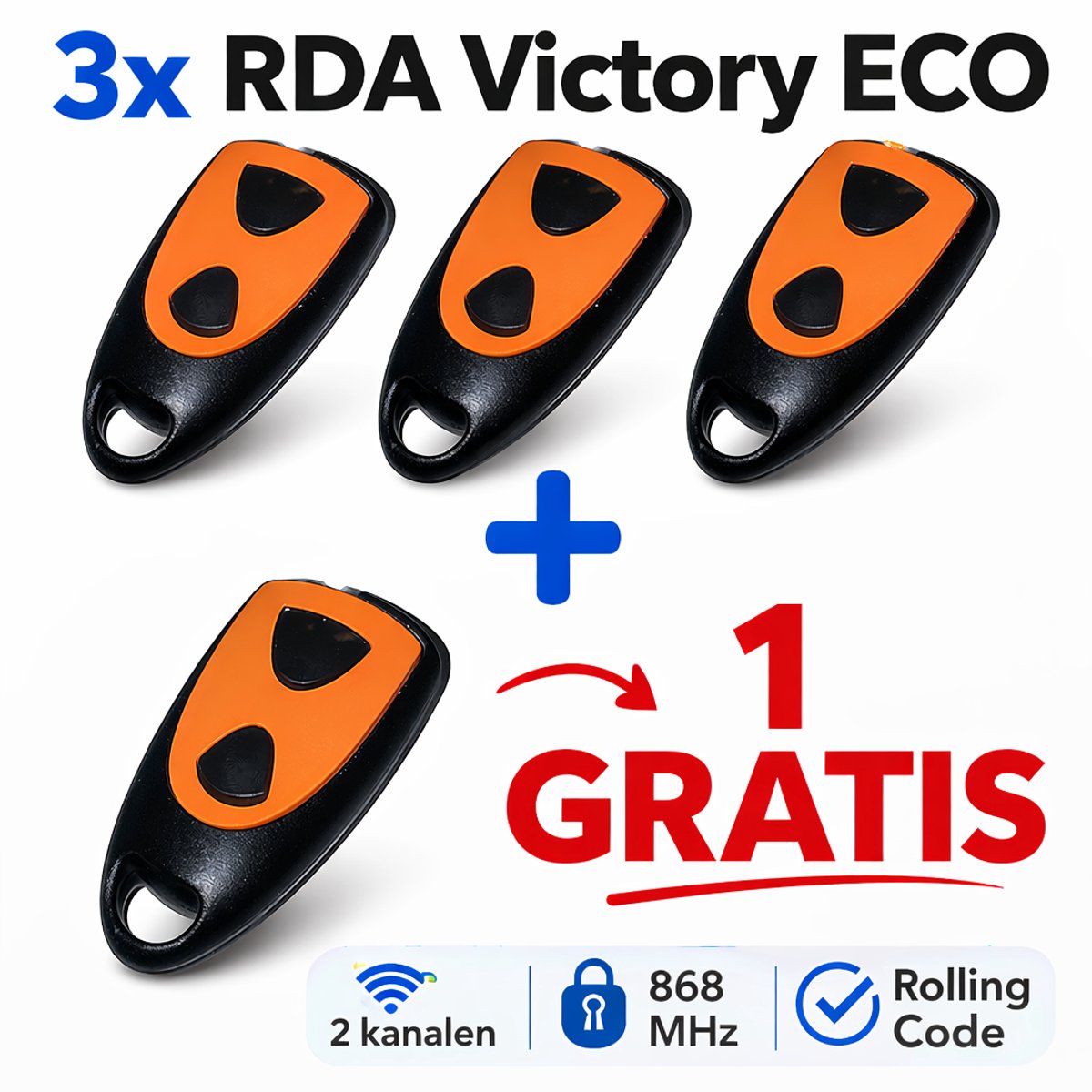 3+1 GRATIS RDA Victory ECO Handzender - 2-Kanaals 868 MHz - voor garagepoorten