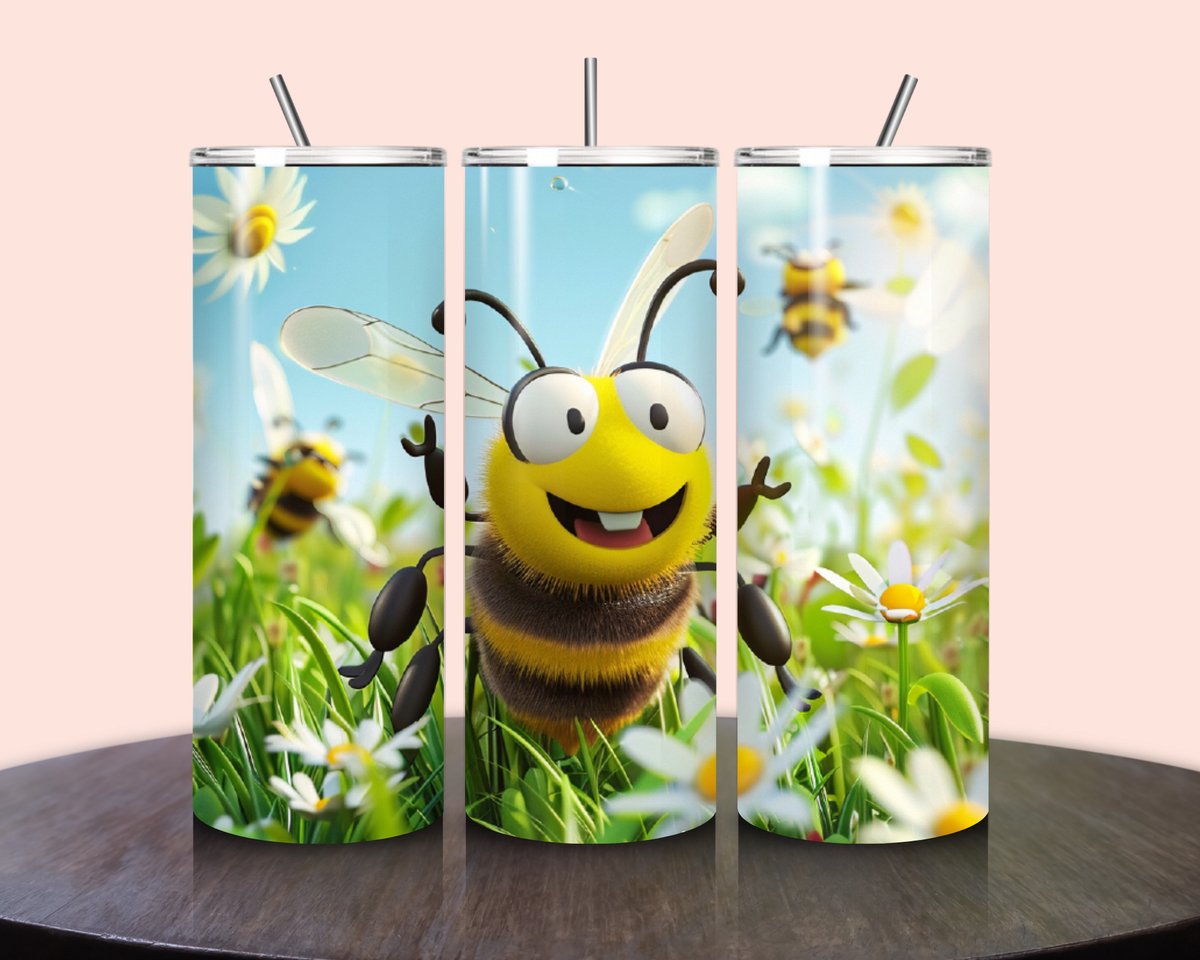 Jacintha's kadowinkeltje - Tumbler vrolijke bij - Roestvrijstalen Tumbler - Geïsoleerde drinkbeker - 600ml - Warme en koude dranken - RVS rietje - To go beker - Kinderen - Volwassenen