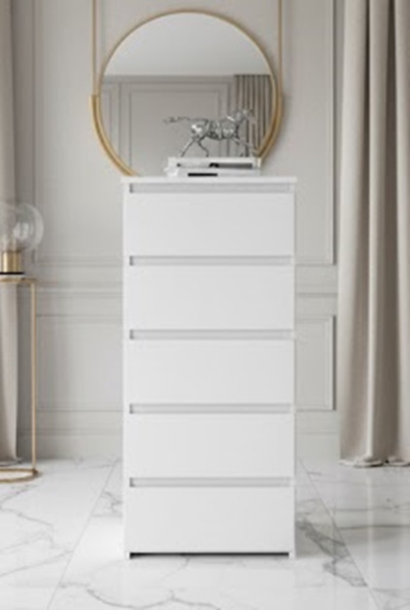 Kommode CL5 40 cm 5 Laden Kast voor Woonkamer, Slaapkamer, Kinderkamer, B40 x H92 x D35 cm, Gewicht 21,9 kg (Wit) - Casa Serena – Casa Dorada