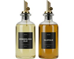 Orzen olie- en azijnflessen dispenser set - 2 stuks met gouden schenktuit, 7 NL zwarte labels, trechter en stift - inhoud 350 ml