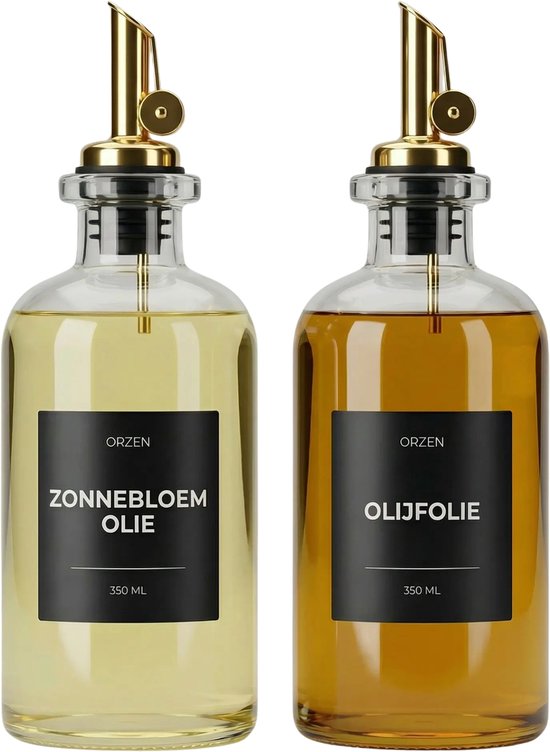 Set distributeur d'huile de Luxe – 2 pièces – Étiquettes hollandaises et Blanco – Bouteille d'huile – Huile d'olive – Must de la Cuisine – Avec entonnoir et stylo – Bec doré – 350 ml – Étiquettes noires