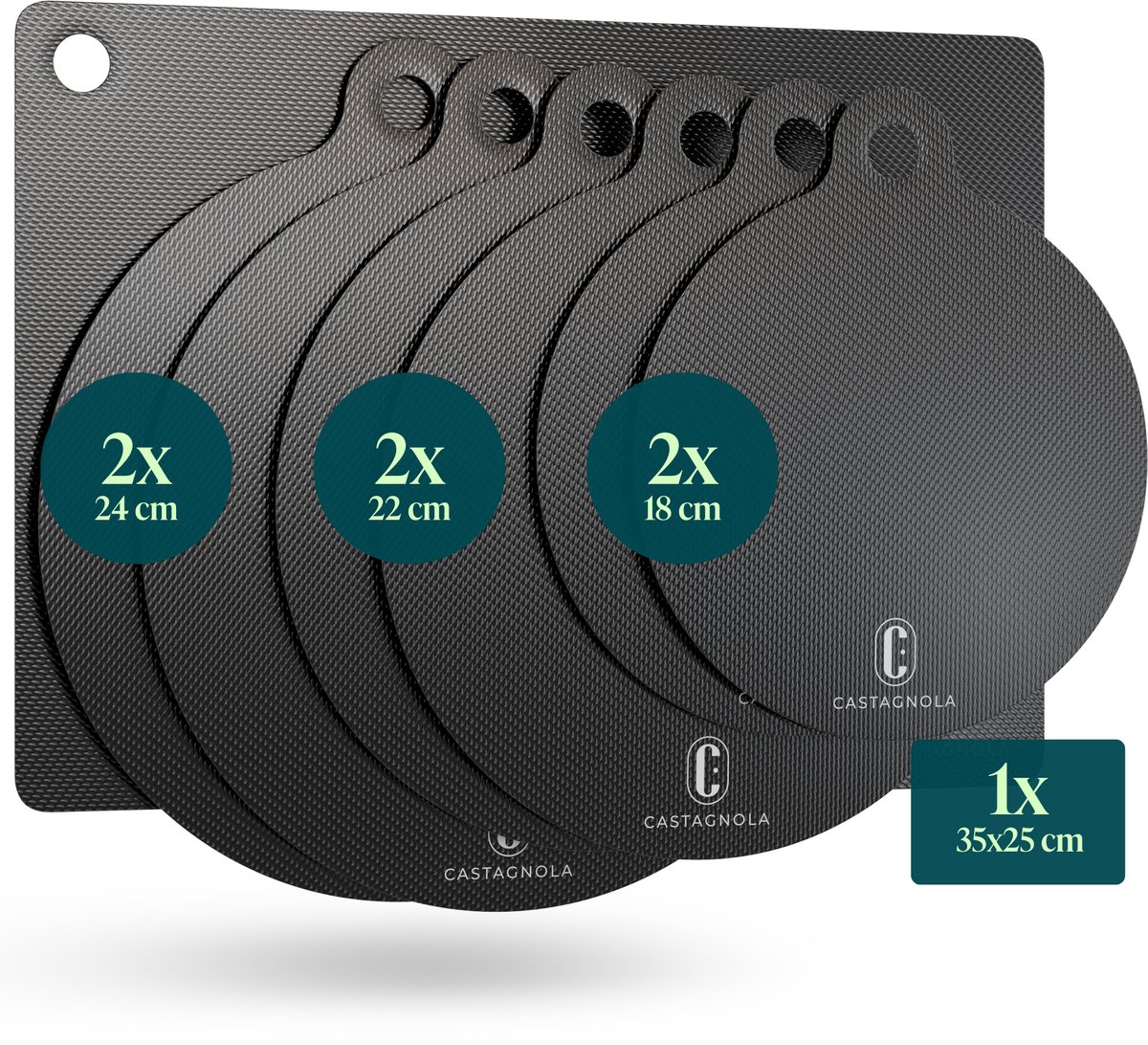 Castagnola Inductie Beschermer - Panbeschermer Hittebestendig tot 280ºC - Afdekplaat voor Kookplaat & Inductieplaat - Antislip Pannen Onderzetter Mat - Set van 7: 2x18cm, 2x22cm, 2x24cm en 1x 35*25cm